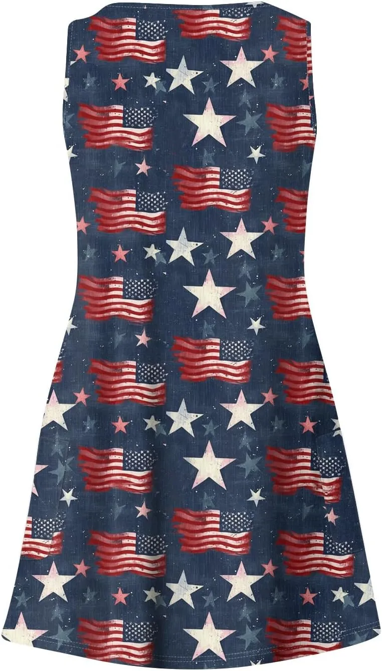 Women's Casual Dresses Summer 4Th of July V Neck Sleeveless Patriotic Dresses Stars Printed Tank Dress, S-2XL