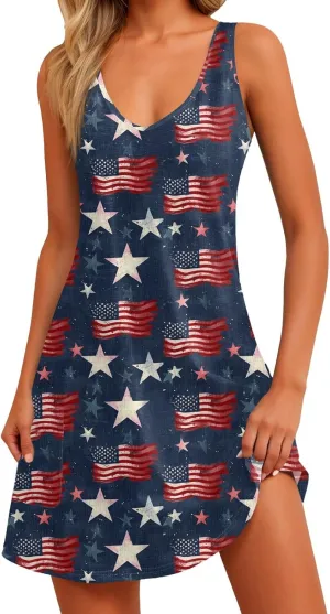 Women's Casual Dresses Summer 4Th of July V Neck Sleeveless Patriotic Dresses Stars Printed Tank Dress, S-2XL