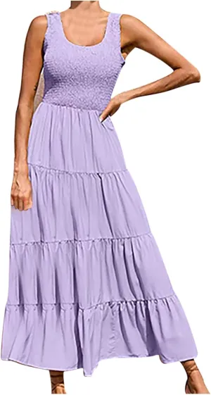 Women's Casual Sleeveless Flowy Maxi Dress 2025 Smocked Tank Dress Summer Beach Tiered Long Dresses High Waist Sundress