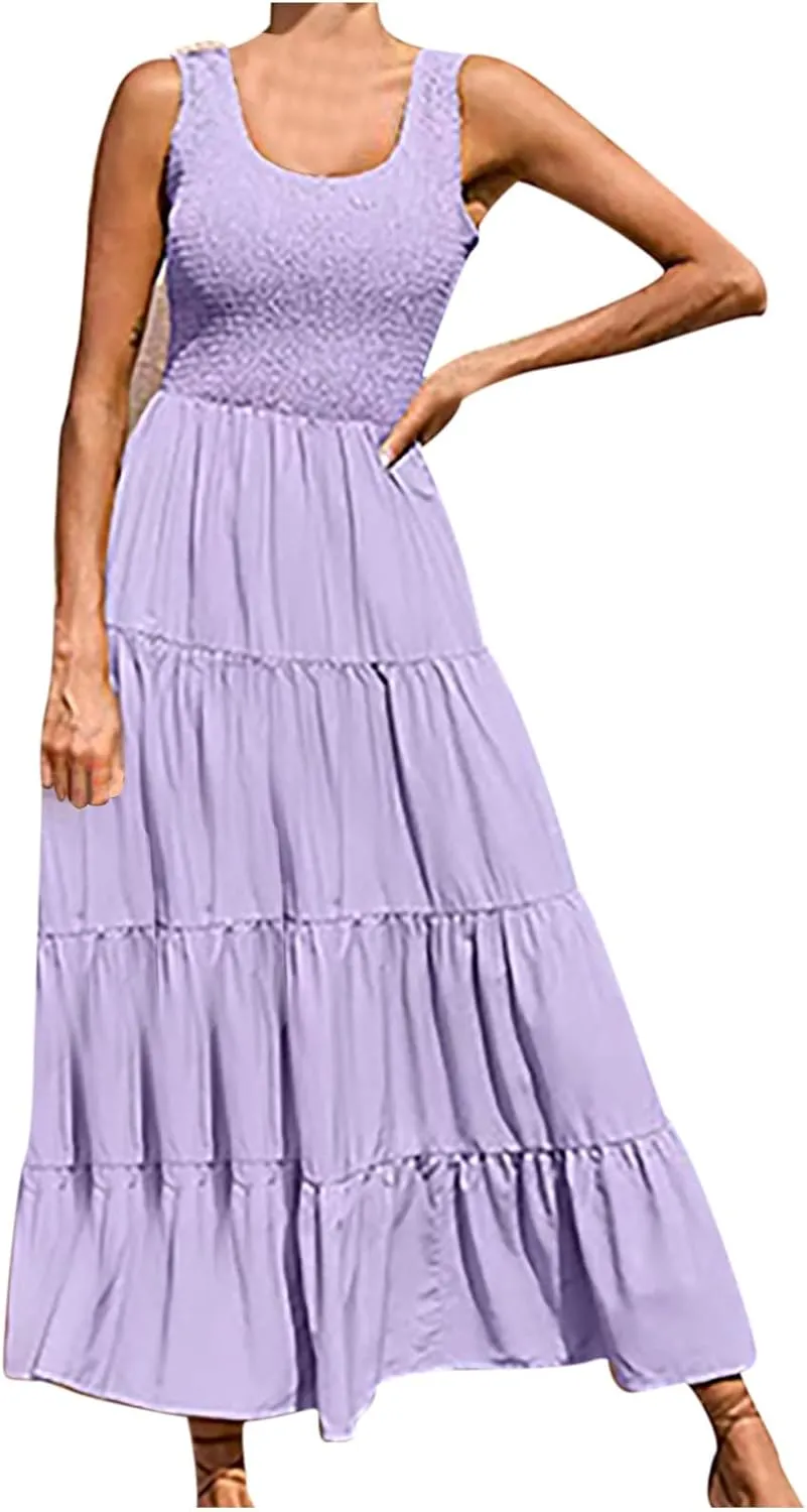 Women's Casual Sleeveless Flowy Maxi Dress 2025 Smocked Tank Dress Summer Beach Tiered Long Dresses High Waist Sundress