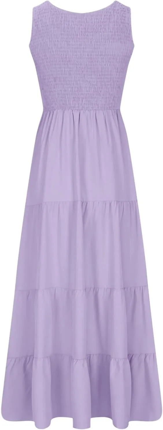 Women's Casual Sleeveless Flowy Maxi Dress 2025 Smocked Tank Dress Summer Beach Tiered Long Dresses High Waist Sundress