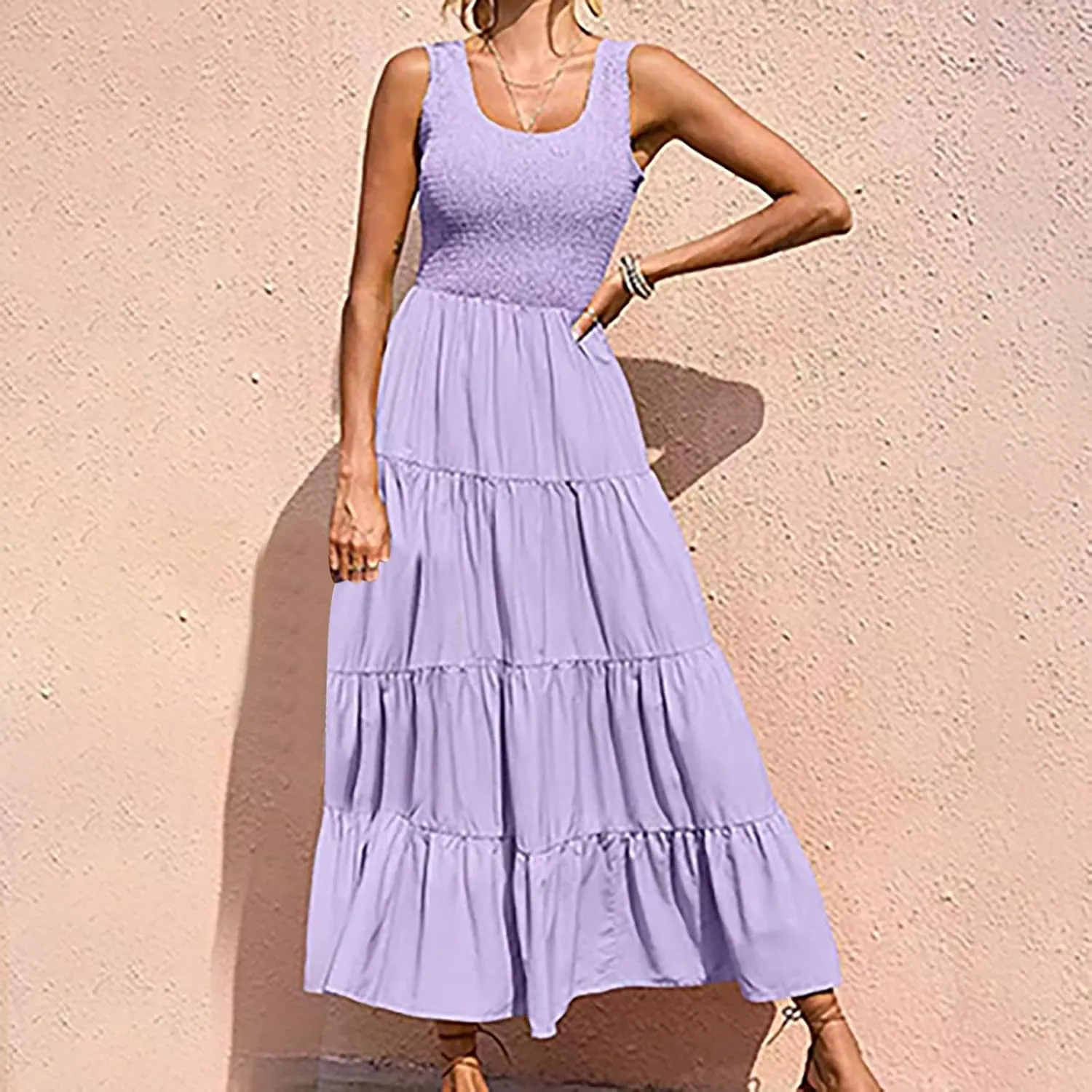 Women's Casual Sleeveless Flowy Maxi Dress 2025 Smocked Tank Dress Summer Beach Tiered Long Dresses High Waist Sundress