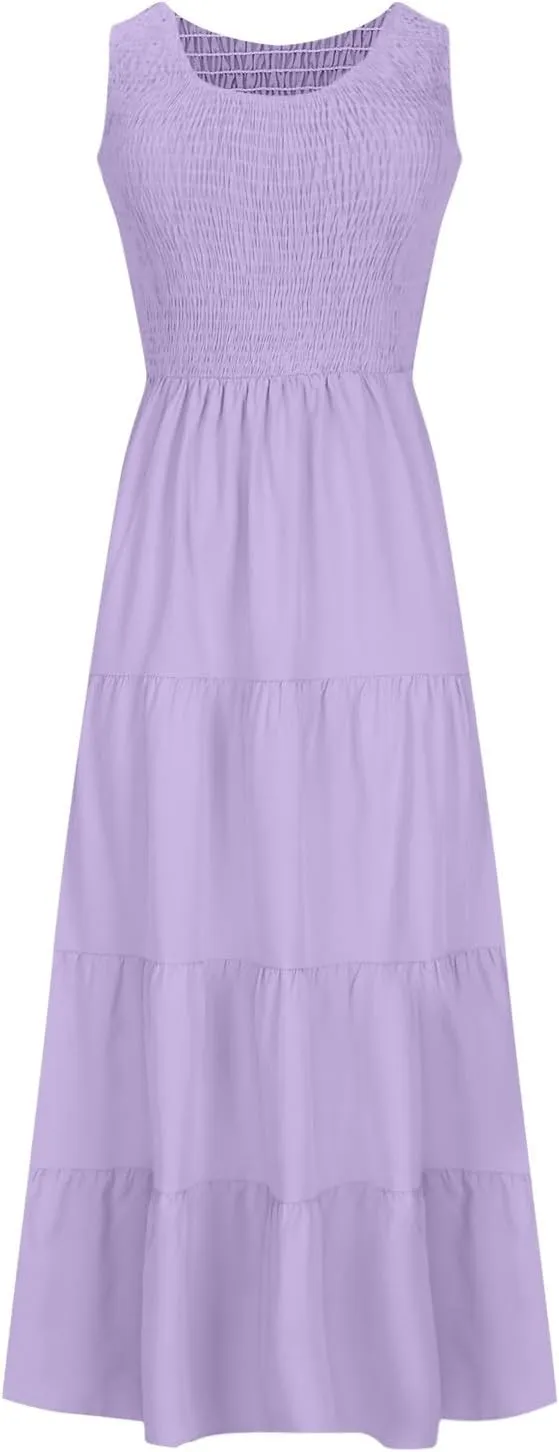 Women's Casual Sleeveless Flowy Maxi Dress 2025 Smocked Tank Dress Summer Beach Tiered Long Dresses High Waist Sundress