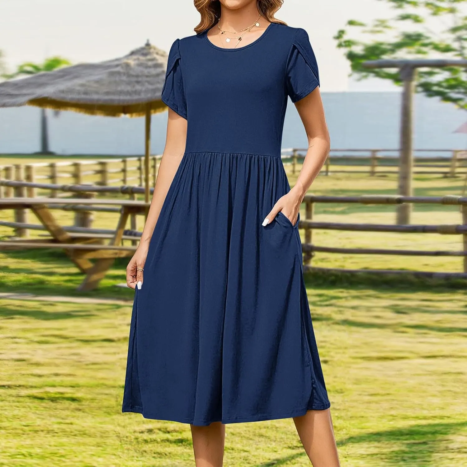 Women's Casual Summer Maxi Dress Spring Petal Short Sleeve Tshirt Dress with Pockets A Line Vacation Beach Sundress