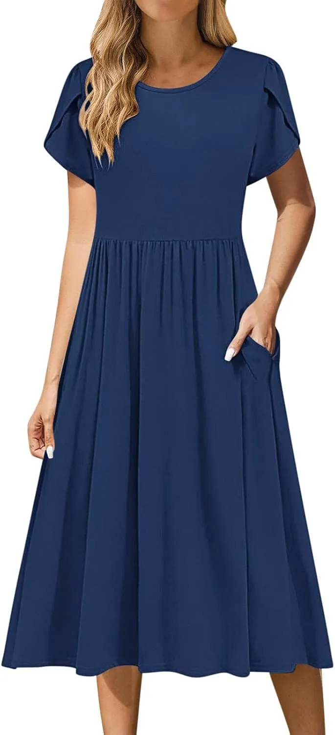 Women's Casual Summer Maxi Dress Spring Petal Short Sleeve Tshirt Dress with Pockets A Line Vacation Beach Sundress