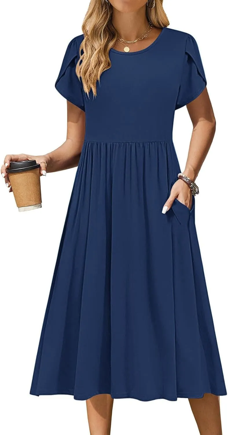 Women's Casual Summer Maxi Dress Spring Petal Short Sleeve Tshirt Dress with Pockets A Line Vacation Beach Sundress