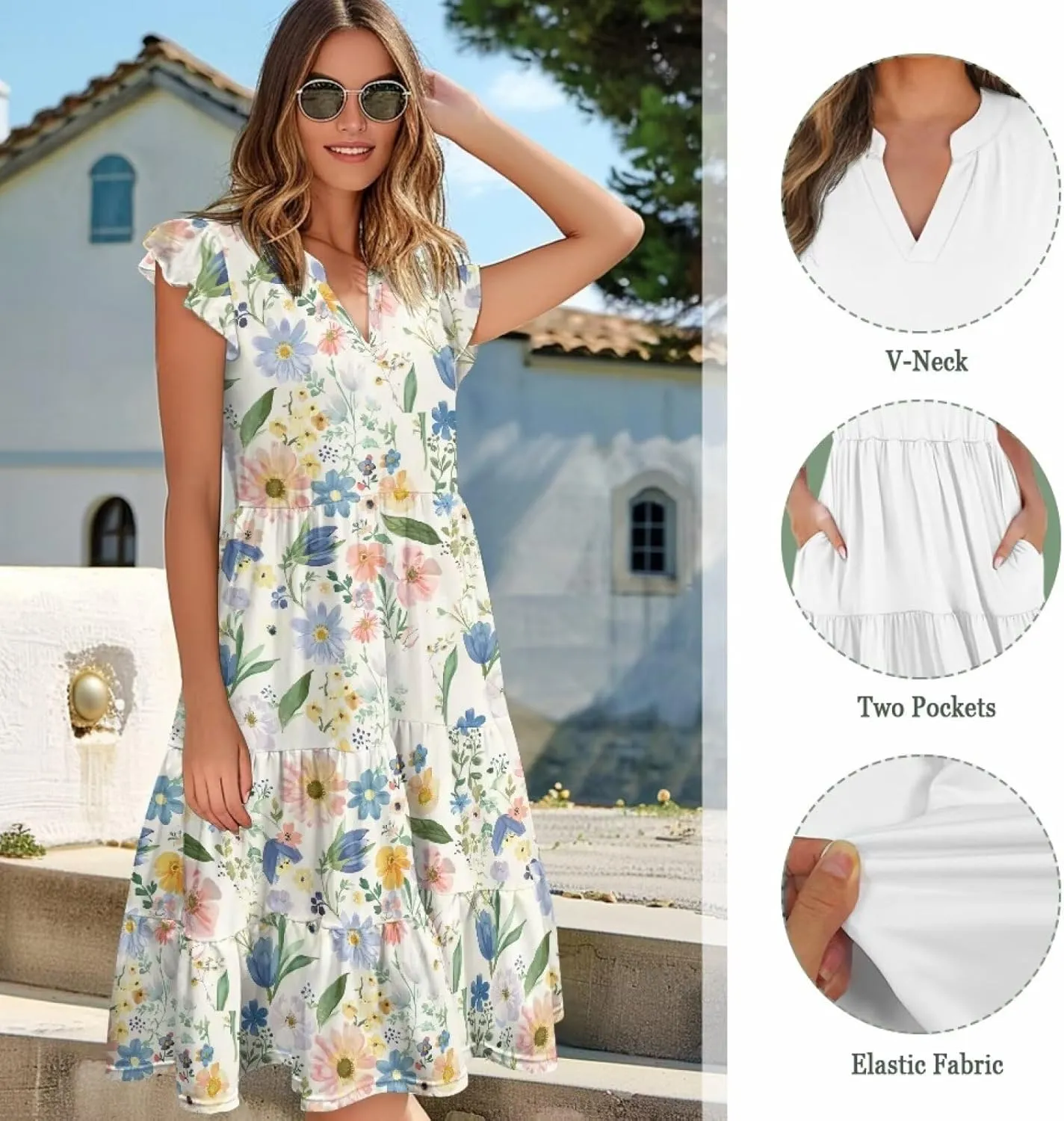Women's Casual Summer Ruffle Sleeve Dress Loose Sleeveless V Neck Flowy Tiered Vacation Sundress