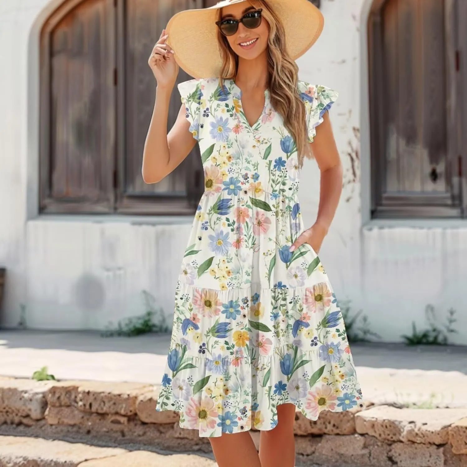 Women's Casual Summer Ruffle Sleeve Dress Loose Sleeveless V Neck Flowy Tiered Vacation Sundress