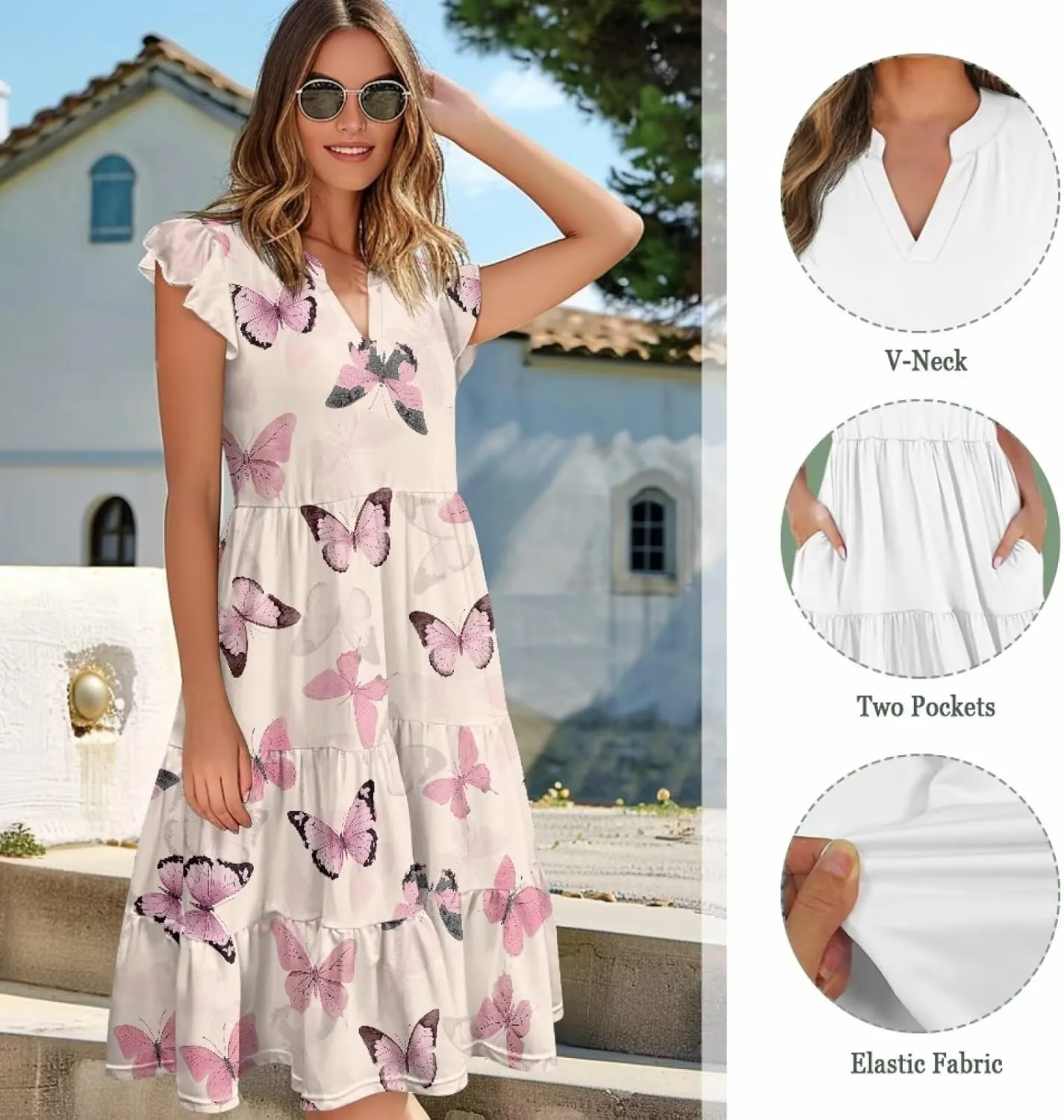 Women's Casual Summer Ruffle Sleeve Dress Loose Sleeveless V Neck Flowy Tiered Vacation Sundress