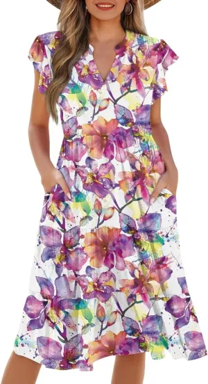 Women's Casual Summer Ruffle Sleeve Dress Loose Sleeveless V Neck Flowy Tiered Vacation Sundress
