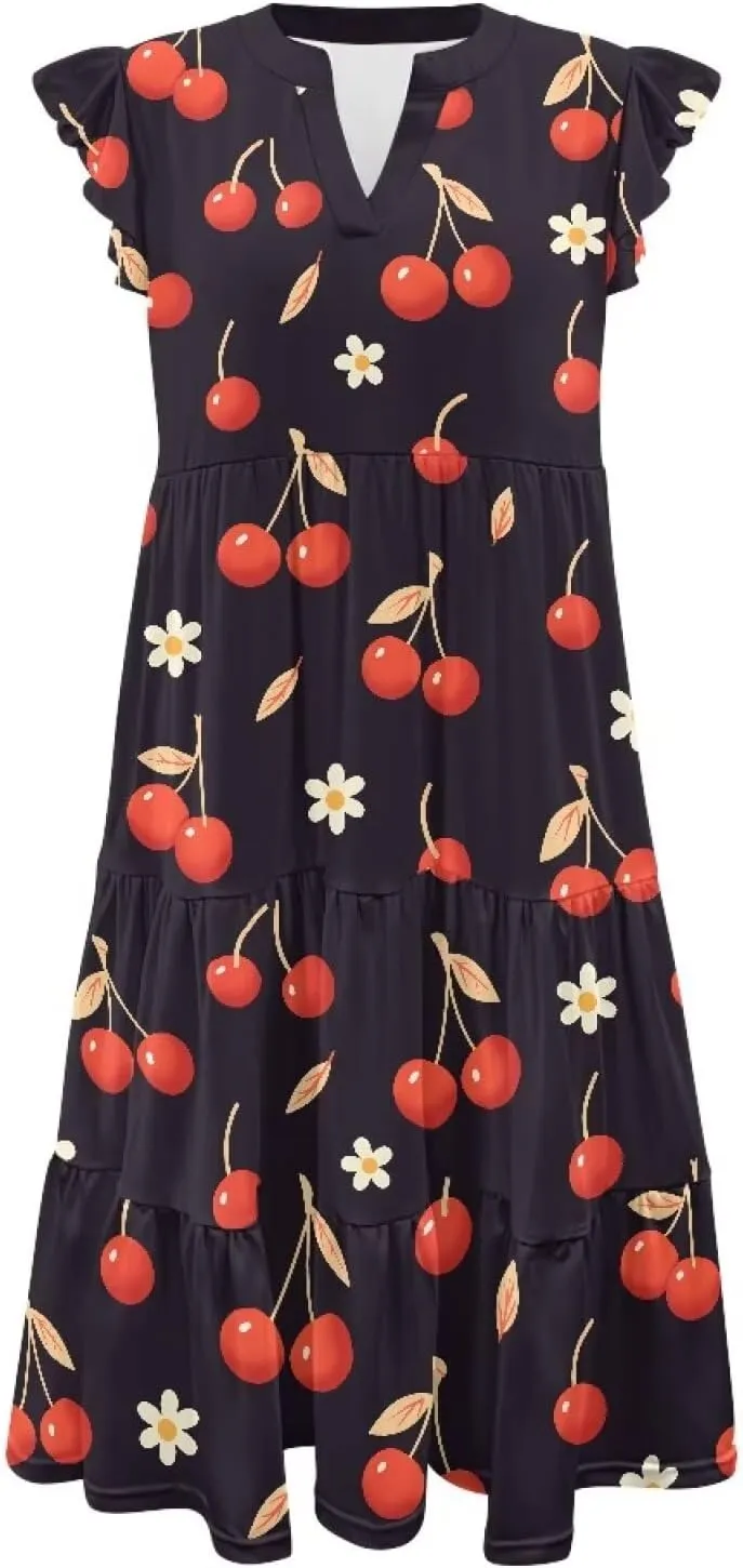 Women's Casual Summer Ruffle Sleeve Dress Loose Sleeveless V Neck Flowy Tiered Vacation Sundress