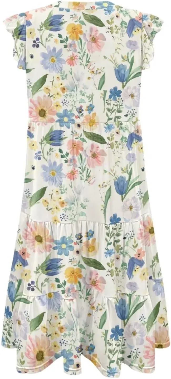 Women's Casual Summer Ruffle Sleeve Dress Loose Sleeveless V Neck Flowy Tiered Vacation Sundress