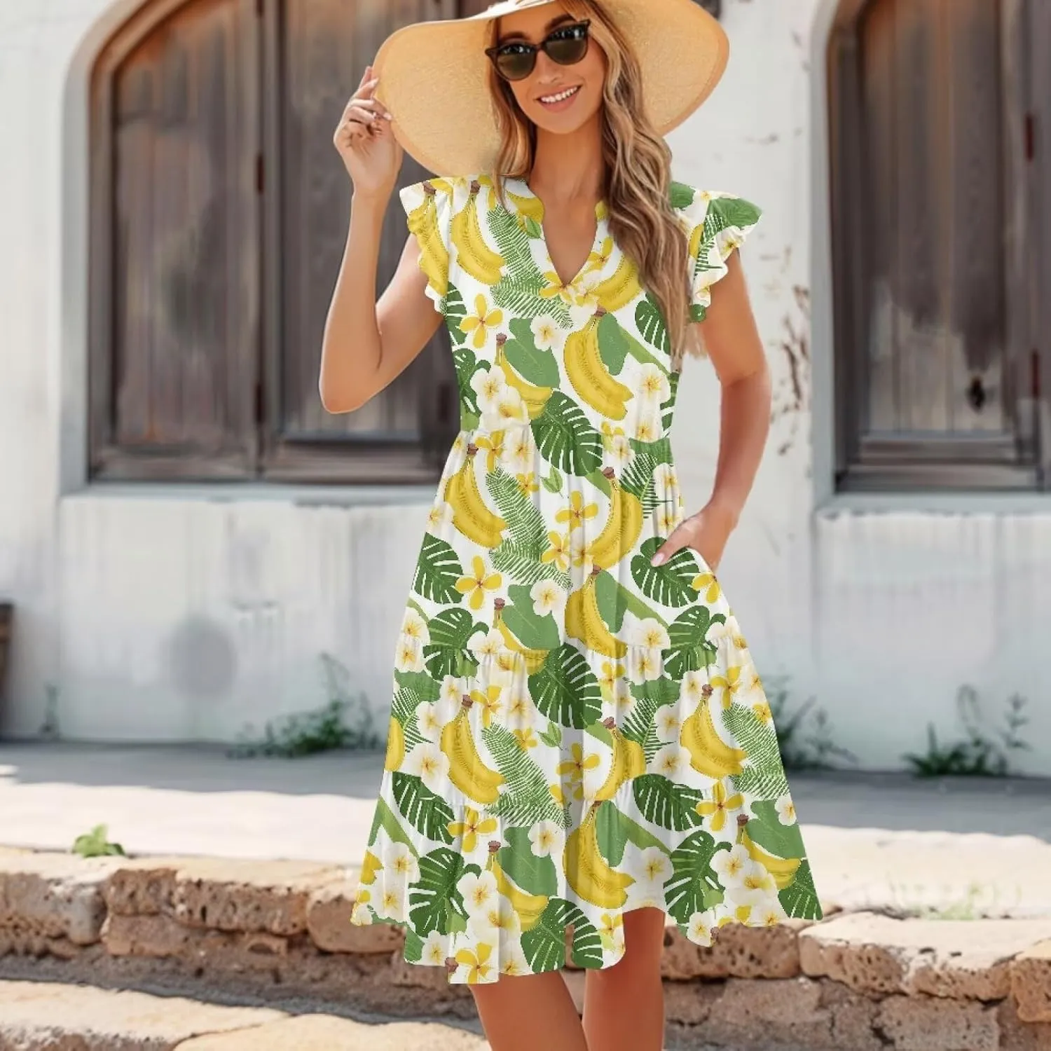 Women's Casual Summer Ruffle Sleeve Dress Loose Sleeveless V Neck Flowy Tiered Vacation Sundress