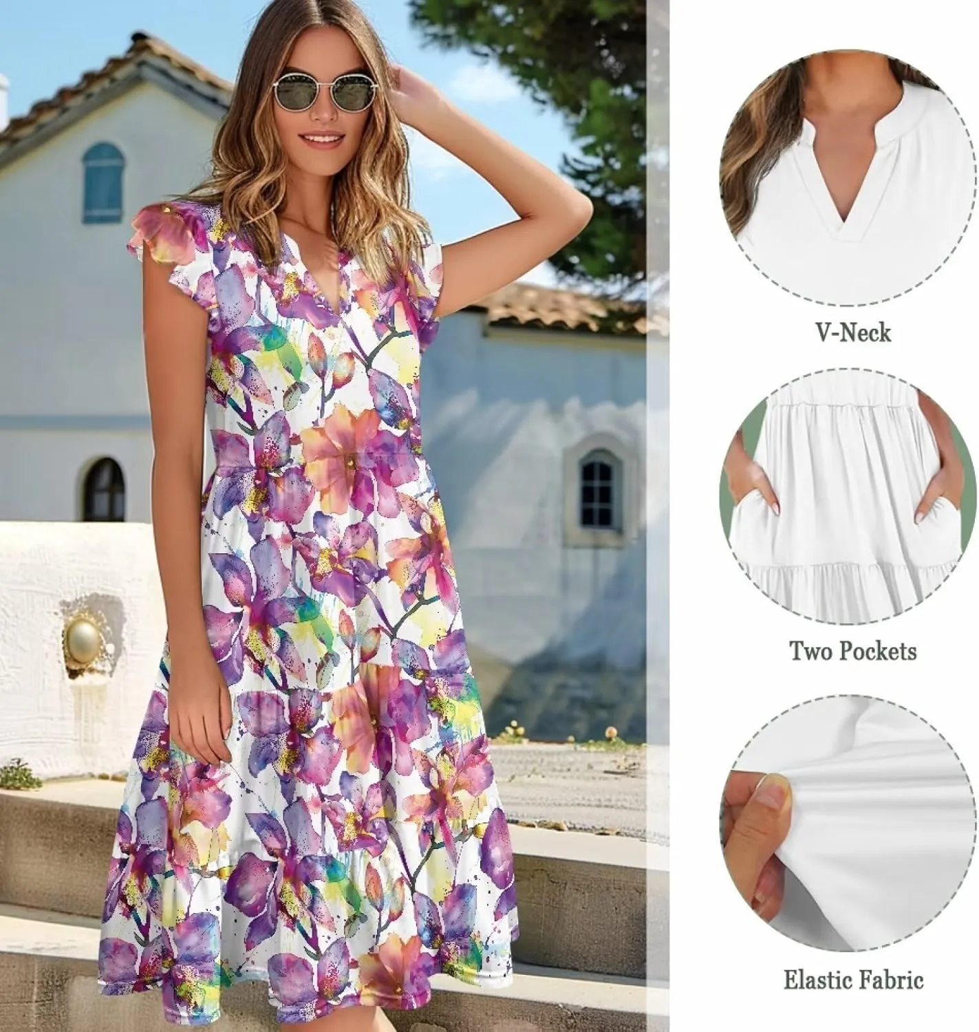 Women's Casual Summer Ruffle Sleeve Dress Loose Sleeveless V Neck Flowy Tiered Vacation Sundress