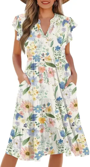Women's Casual Summer Ruffle Sleeve Dress Loose Sleeveless V Neck Flowy Tiered Vacation Sundress