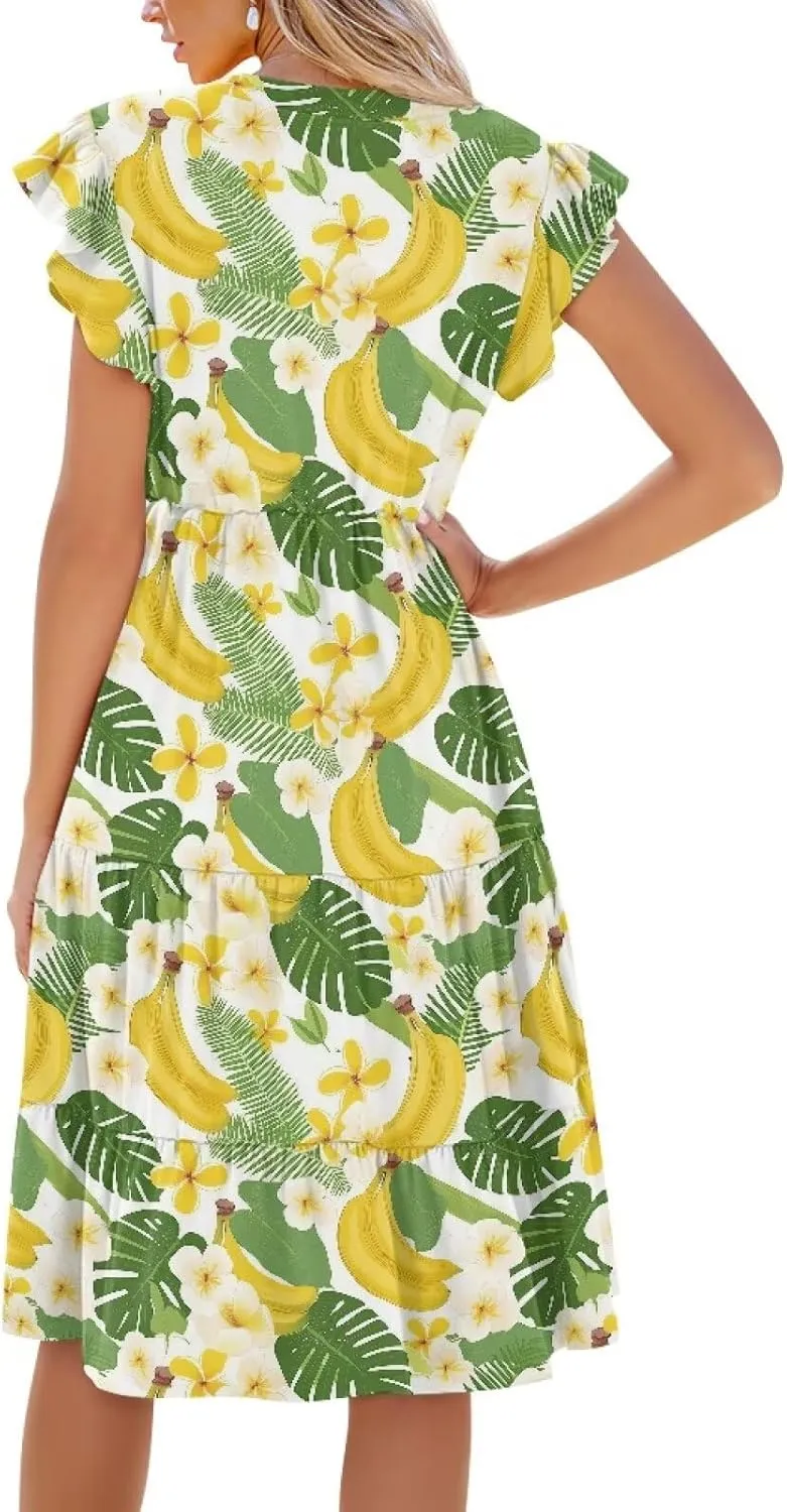 Women's Casual Summer Ruffle Sleeve Dress Loose Sleeveless V Neck Flowy Tiered Vacation Sundress
