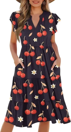 Women's Casual Summer Ruffle Sleeve Dress Loose Sleeveless V Neck Flowy Tiered Vacation Sundress