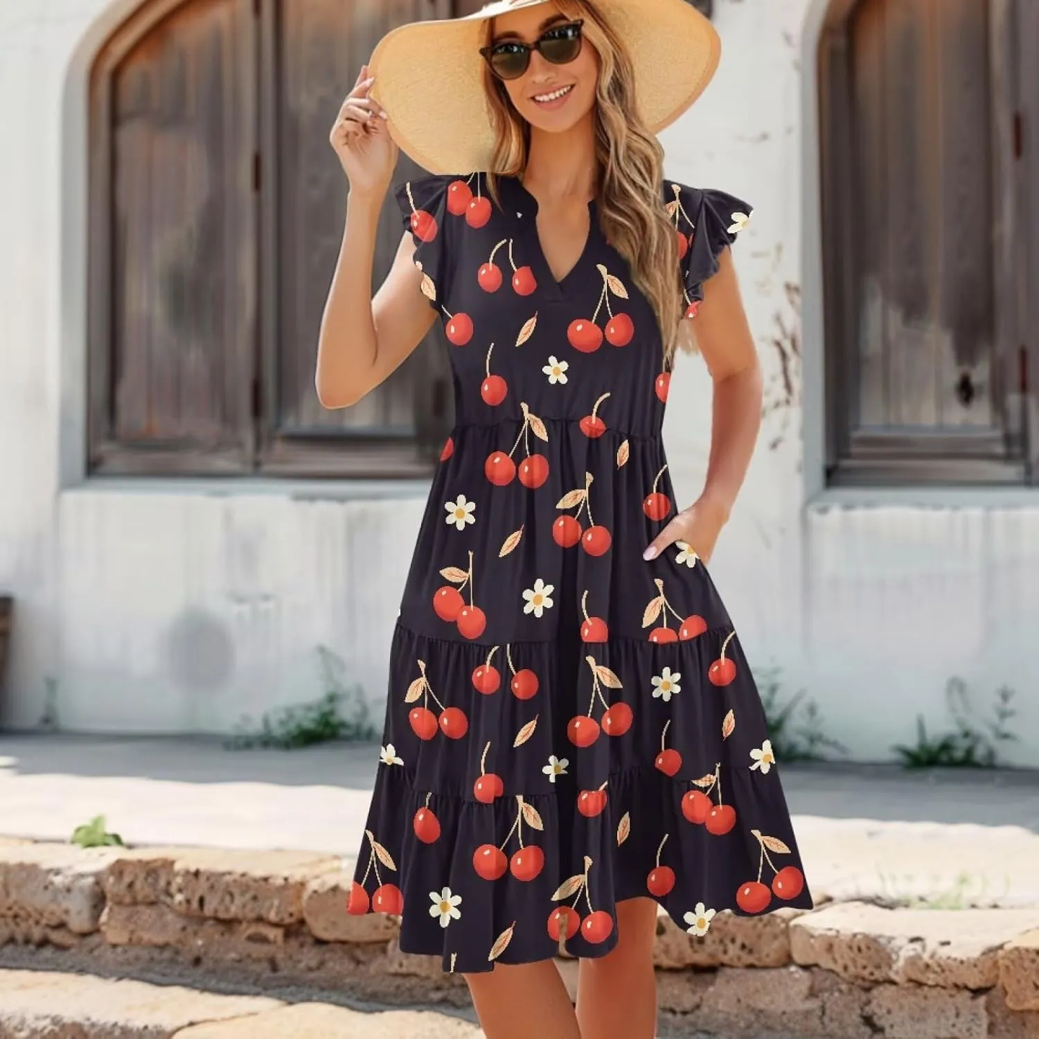 Women's Casual Summer Ruffle Sleeve Dress Loose Sleeveless V Neck Flowy Tiered Vacation Sundress