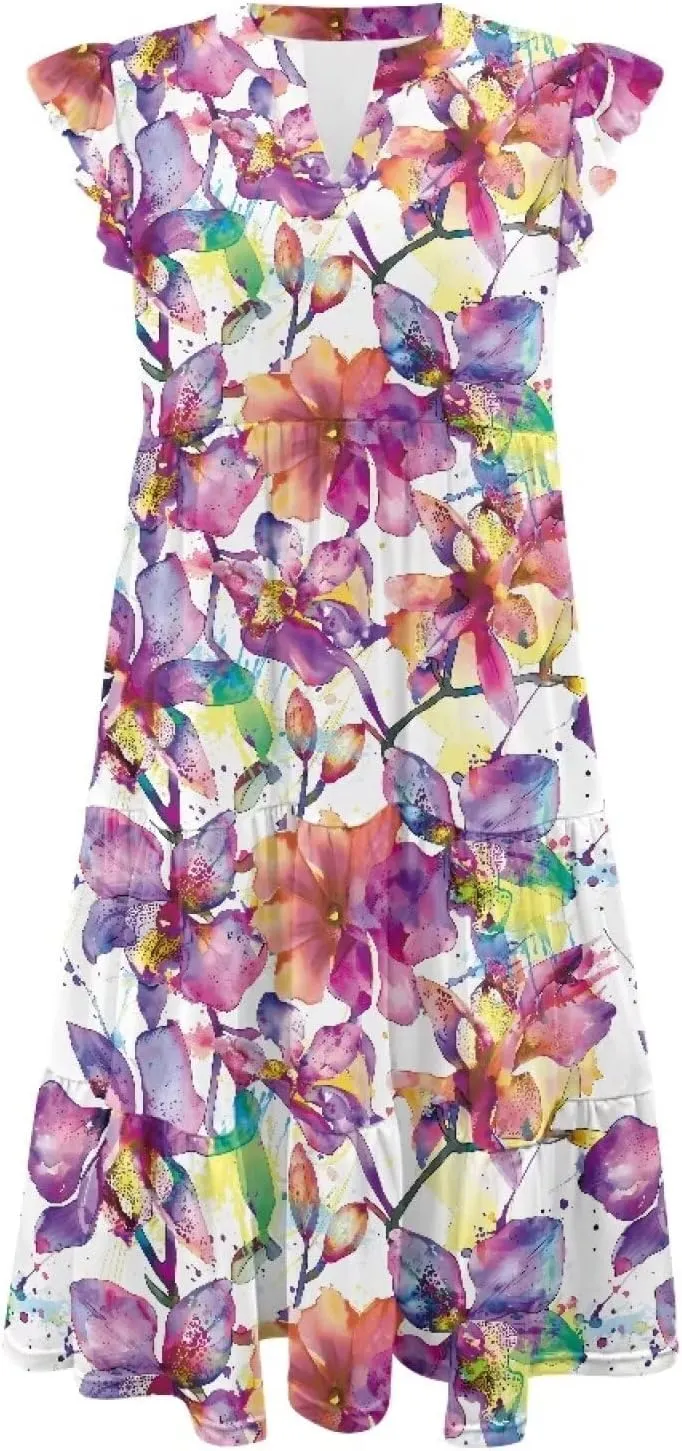 Women's Casual Summer Ruffle Sleeve Dress Loose Sleeveless V Neck Flowy Tiered Vacation Sundress