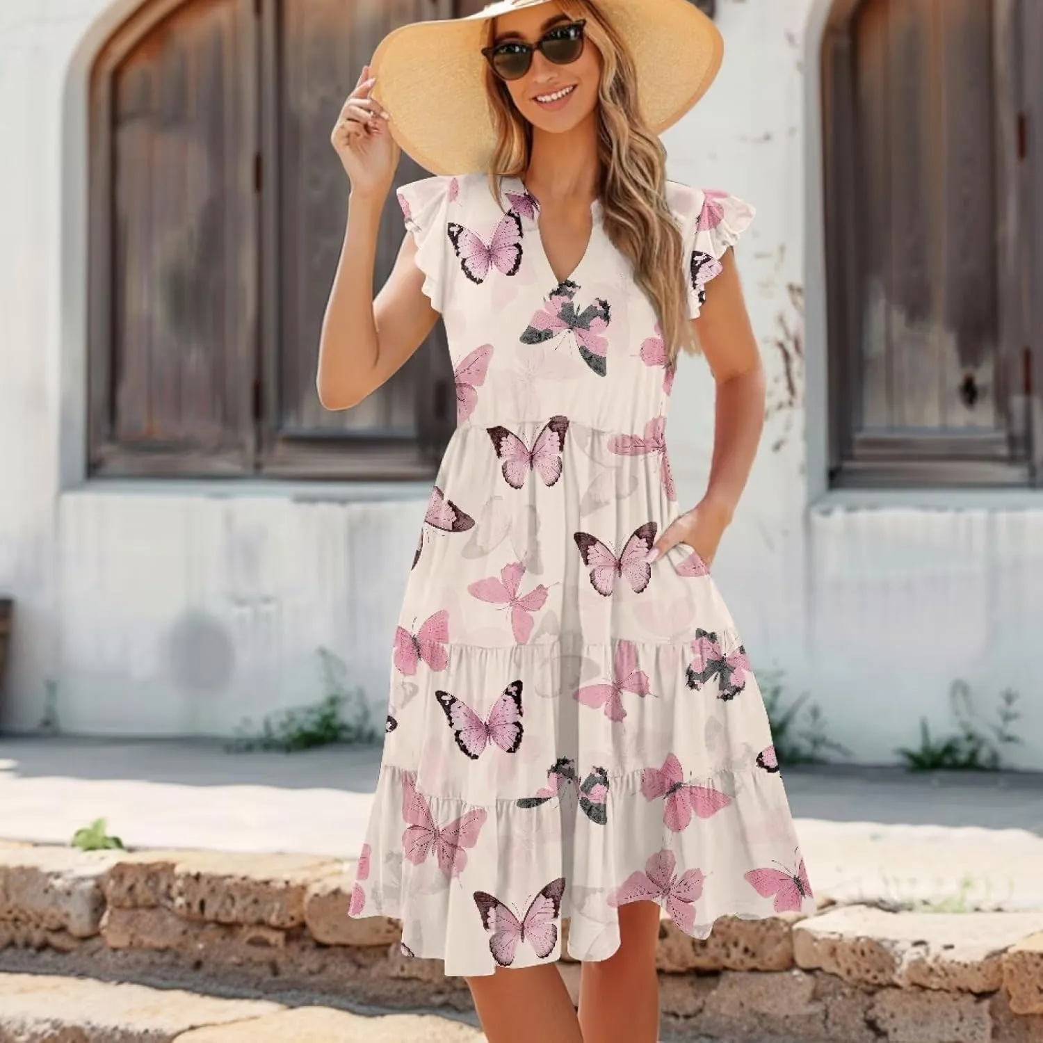 Women's Casual Summer Ruffle Sleeve Dress Loose Sleeveless V Neck Flowy Tiered Vacation Sundress