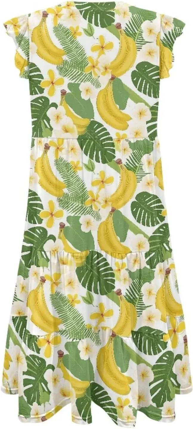 Women's Casual Summer Ruffle Sleeve Dress Loose Sleeveless V Neck Flowy Tiered Vacation Sundress