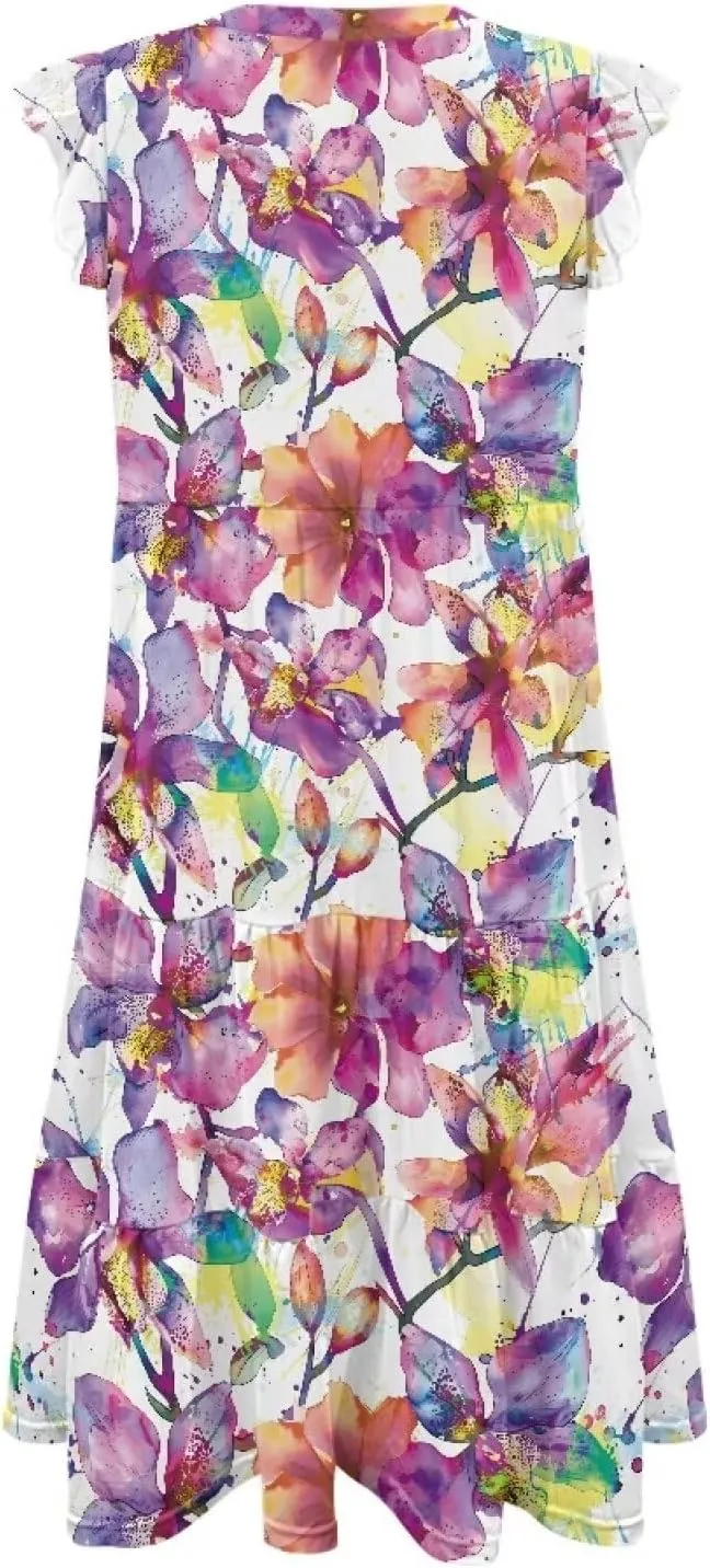 Women's Casual Summer Ruffle Sleeve Dress Loose Sleeveless V Neck Flowy Tiered Vacation Sundress