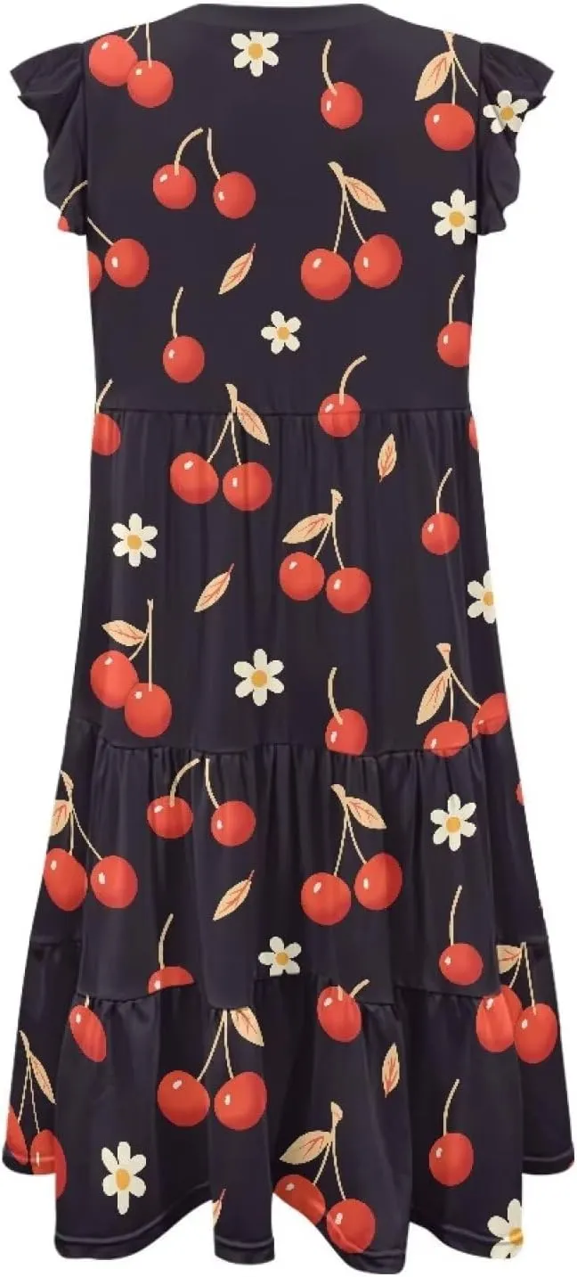 Women's Casual Summer Ruffle Sleeve Dress Loose Sleeveless V Neck Flowy Tiered Vacation Sundress