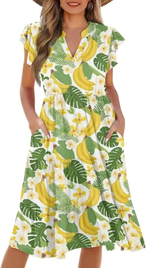 Women's Casual Summer Ruffle Sleeve Dress Loose Sleeveless V Neck Flowy Tiered Vacation Sundress