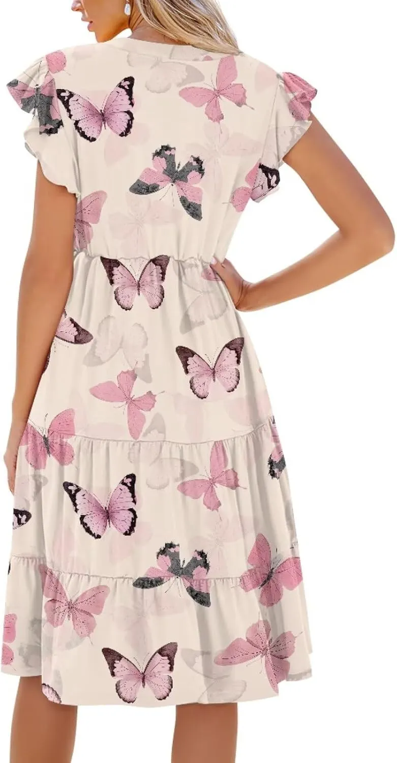 Women's Casual Summer Ruffle Sleeve Dress Loose Sleeveless V Neck Flowy Tiered Vacation Sundress