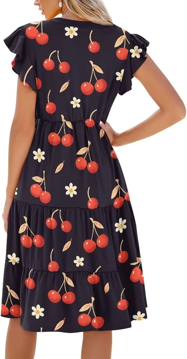 Women's Casual Summer Ruffle Sleeve Dress Loose Sleeveless V Neck Flowy Tiered Vacation Sundress