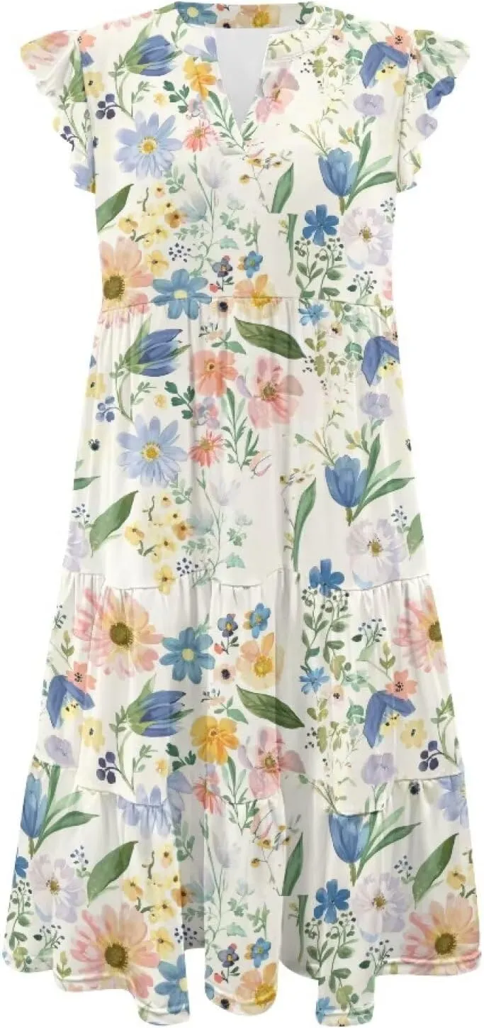 Women's Casual Summer Ruffle Sleeve Dress Loose Sleeveless V Neck Flowy Tiered Vacation Sundress