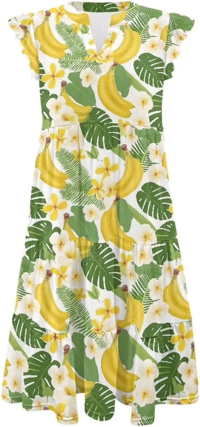 Women's Casual Summer Ruffle Sleeve Dress Loose Sleeveless V Neck Flowy Tiered Vacation Sundress