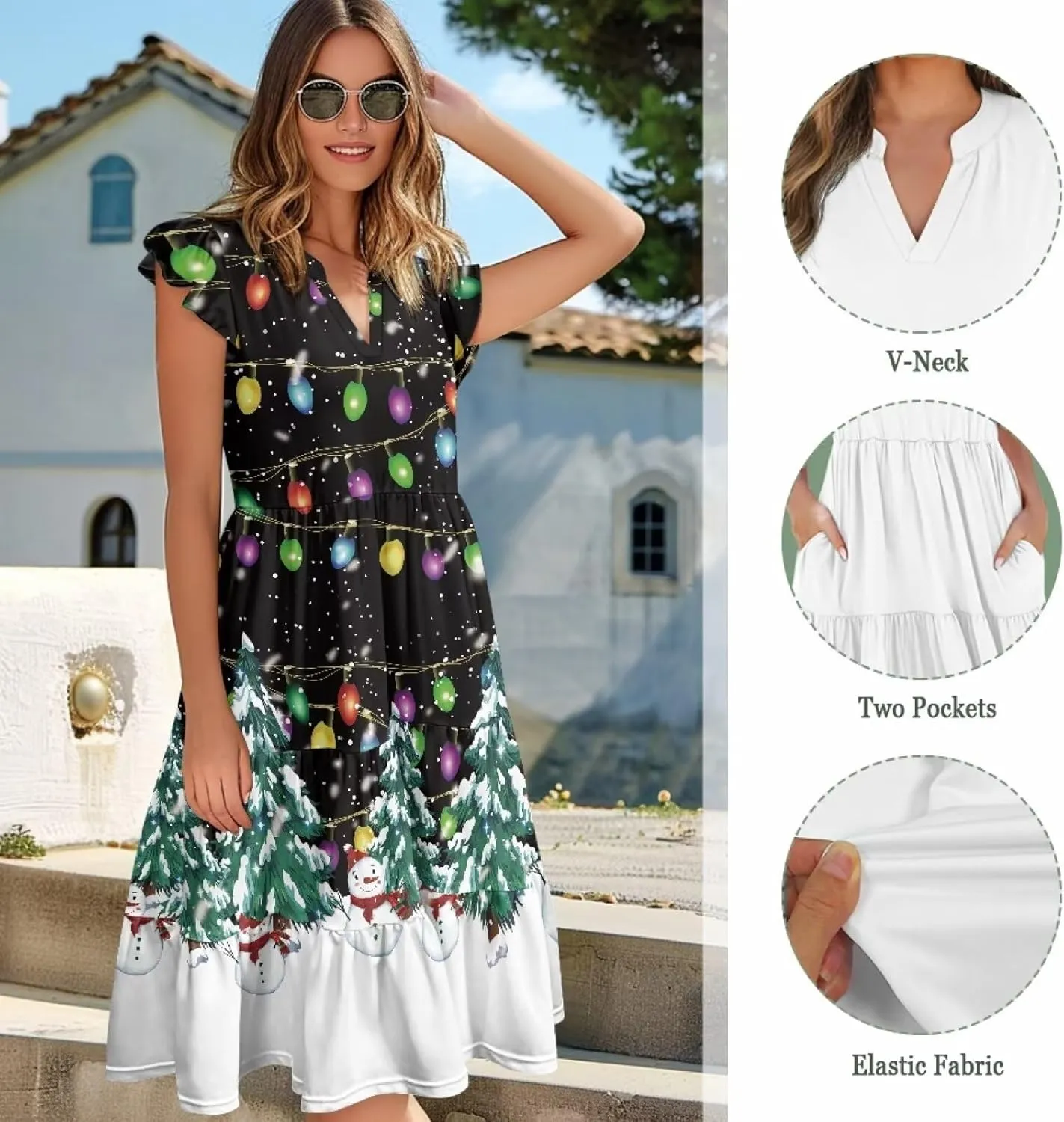 Women's Casual Summer Ruffle Sleeve Dress Loose Sleeveless V Neck Flowy Tiered Vacation Sundress