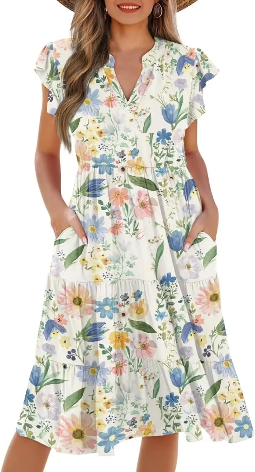 Women's Casual Summer Ruffle Sleeve Dress Loose Sleeveless V Neck Flowy Tiered Vacation Sundress