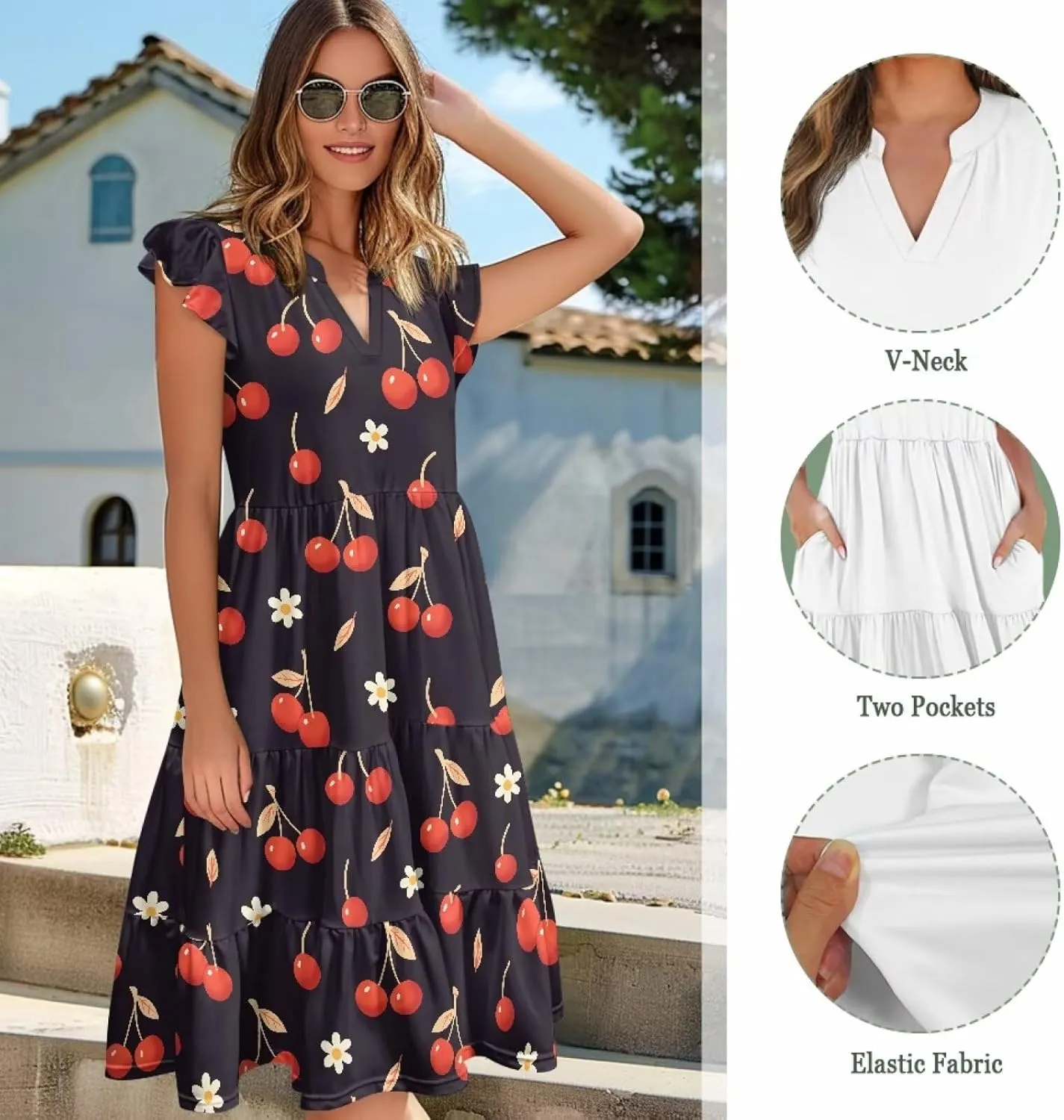 Women's Casual Summer Ruffle Sleeve Dress Loose Sleeveless V Neck Flowy Tiered Vacation Sundress