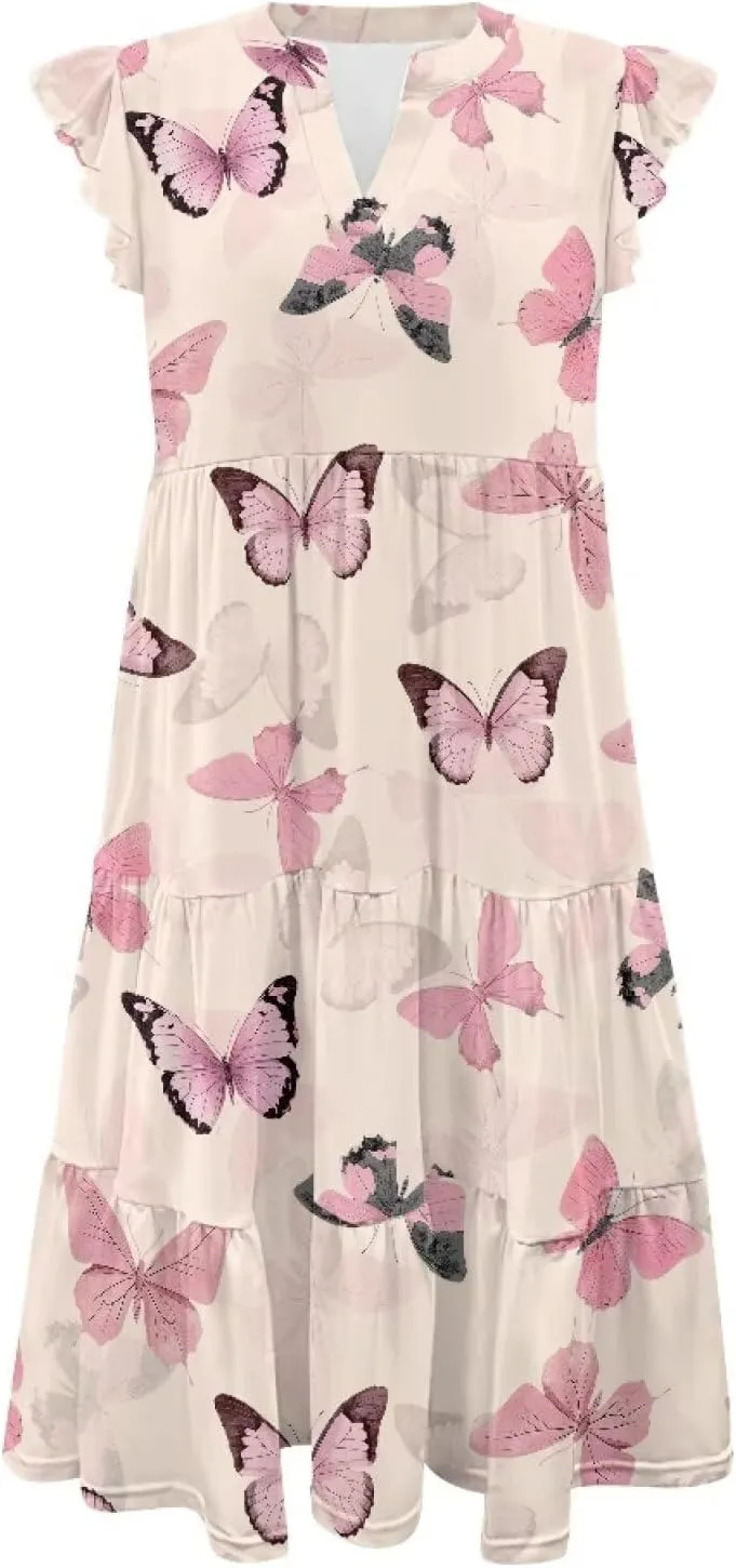 Women's Casual Summer Ruffle Sleeve Dress Loose Sleeveless V Neck Flowy Tiered Vacation Sundress