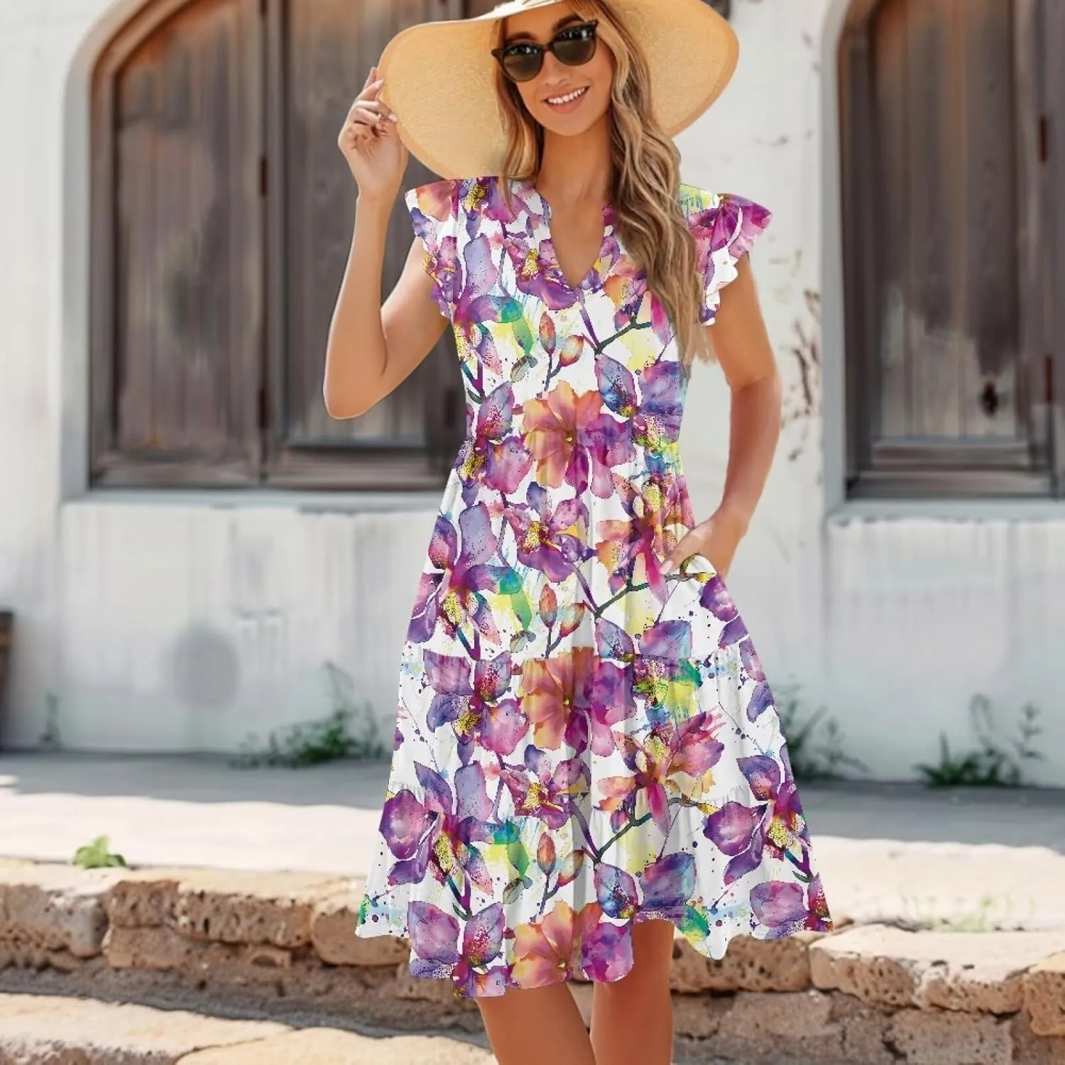 Women's Casual Summer Ruffle Sleeve Dress Loose Sleeveless V Neck Flowy Tiered Vacation Sundress