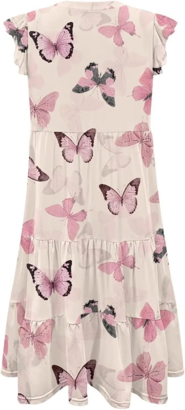 Women's Casual Summer Ruffle Sleeve Dress Loose Sleeveless V Neck Flowy Tiered Vacation Sundress