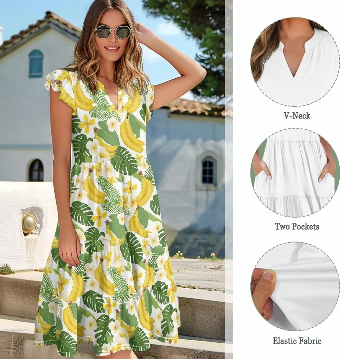 Women's Casual Summer Ruffle Sleeve Dress Loose Sleeveless V Neck Flowy Tiered Vacation Sundress