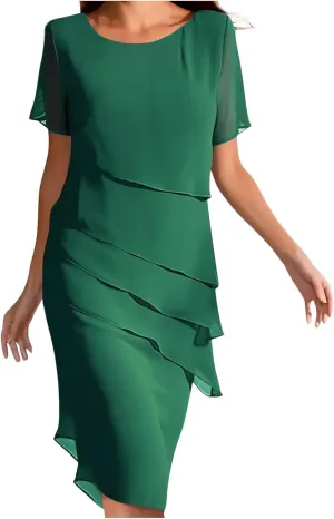 Women's Chiffon Dresses Short Sleeve Crewneck Tiered Layered Flowy Dress Party Wedding Outfits Semi Formal Office Dresses