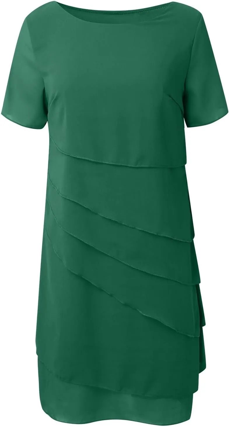 Women's Chiffon Dresses Short Sleeve Crewneck Tiered Layered Flowy Dress Party Wedding Outfits Semi Formal Office Dresses