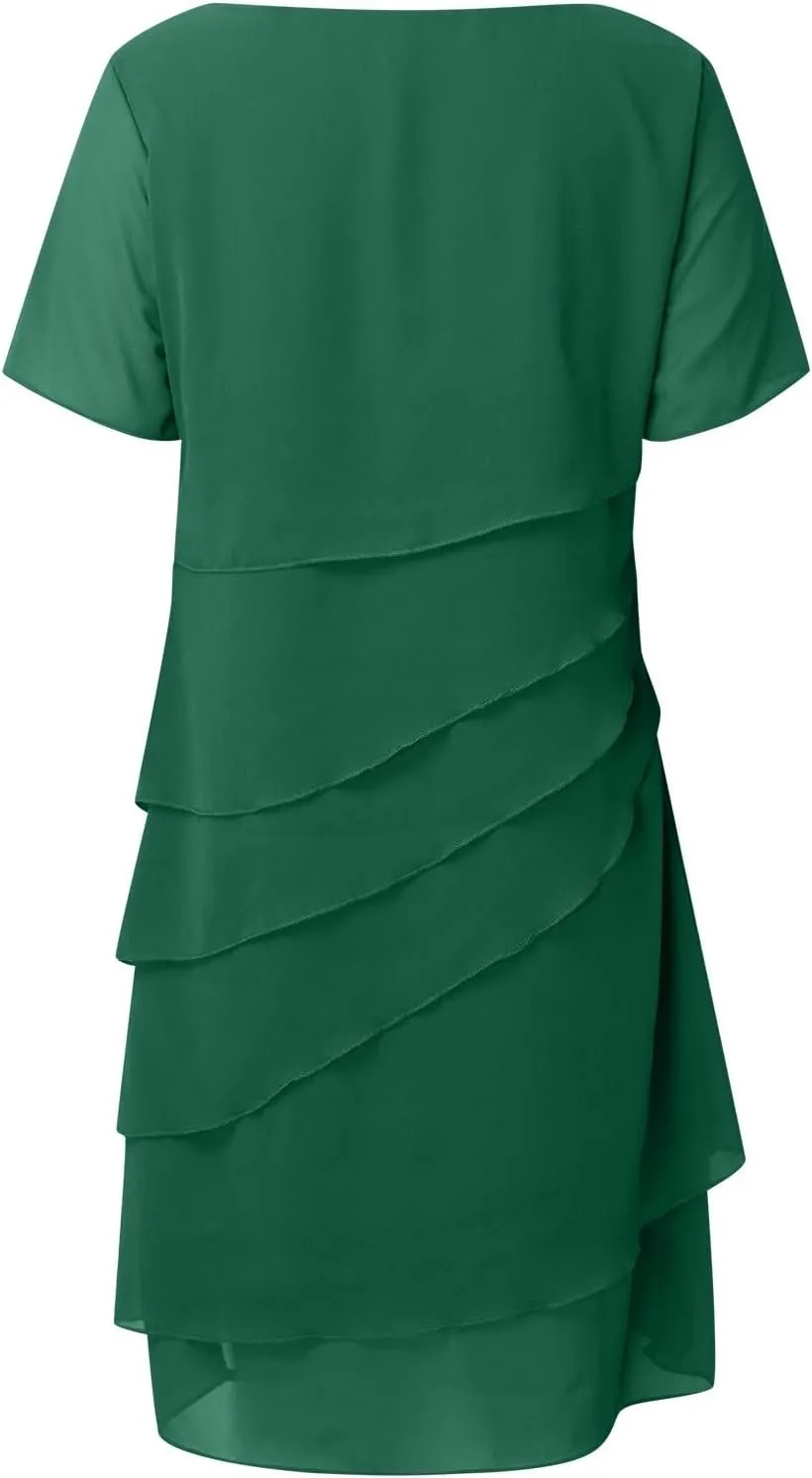 Women's Chiffon Dresses Short Sleeve Crewneck Tiered Layered Flowy Dress Party Wedding Outfits Semi Formal Office Dresses