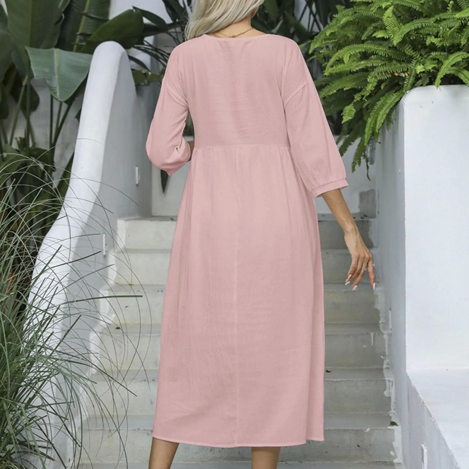 Women's Cotton Linen Midi Casual Dresses Loose Solid A-line Flowy Summer Beach Vacation Dress with Pockets