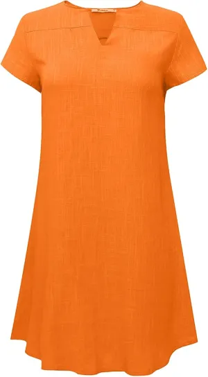 Womens Cotton Linen T Shirt Dress Summer Casual Short Sleeve V Neck Beach A-Line Dress Plus Size Flowy Mini Dresses