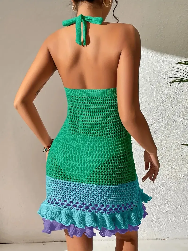 Women's Crochet Mini Dress - Halter Neck - Fitted Waist - Ruffled Hem - Lightweight