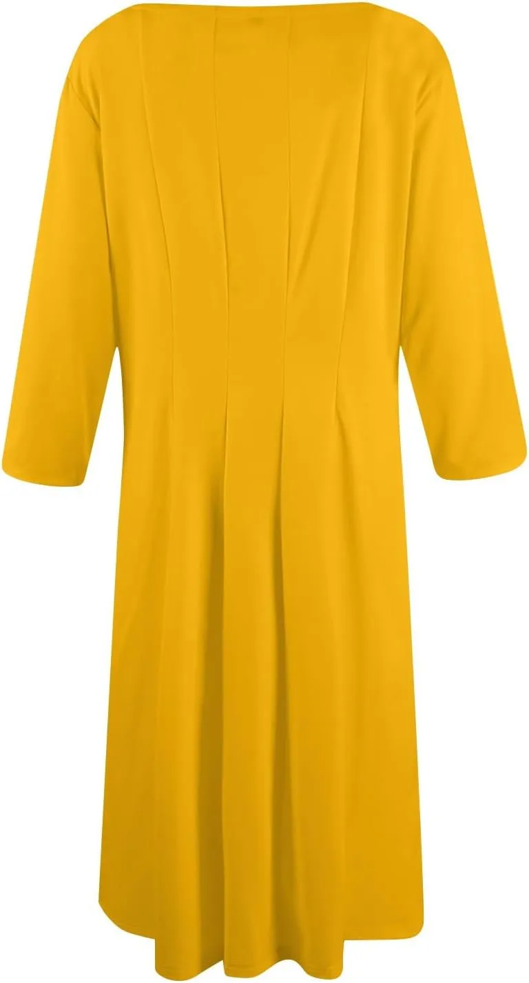 Womens Dress 3/4 Sleeve Summer Wrap Dress Plus Size Solid Plain Pleated Midi Dresses Spring Crewneck Dresses with Pocket