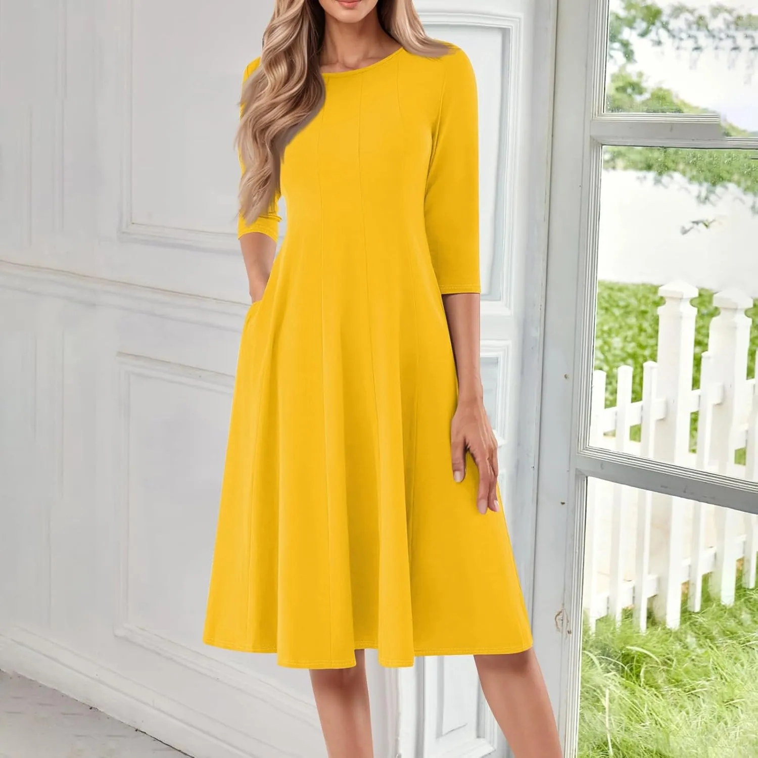 Womens Dress 3/4 Sleeve Summer Wrap Dress Plus Size Solid Plain Pleated Midi Dresses Spring Crewneck Dresses with Pocket