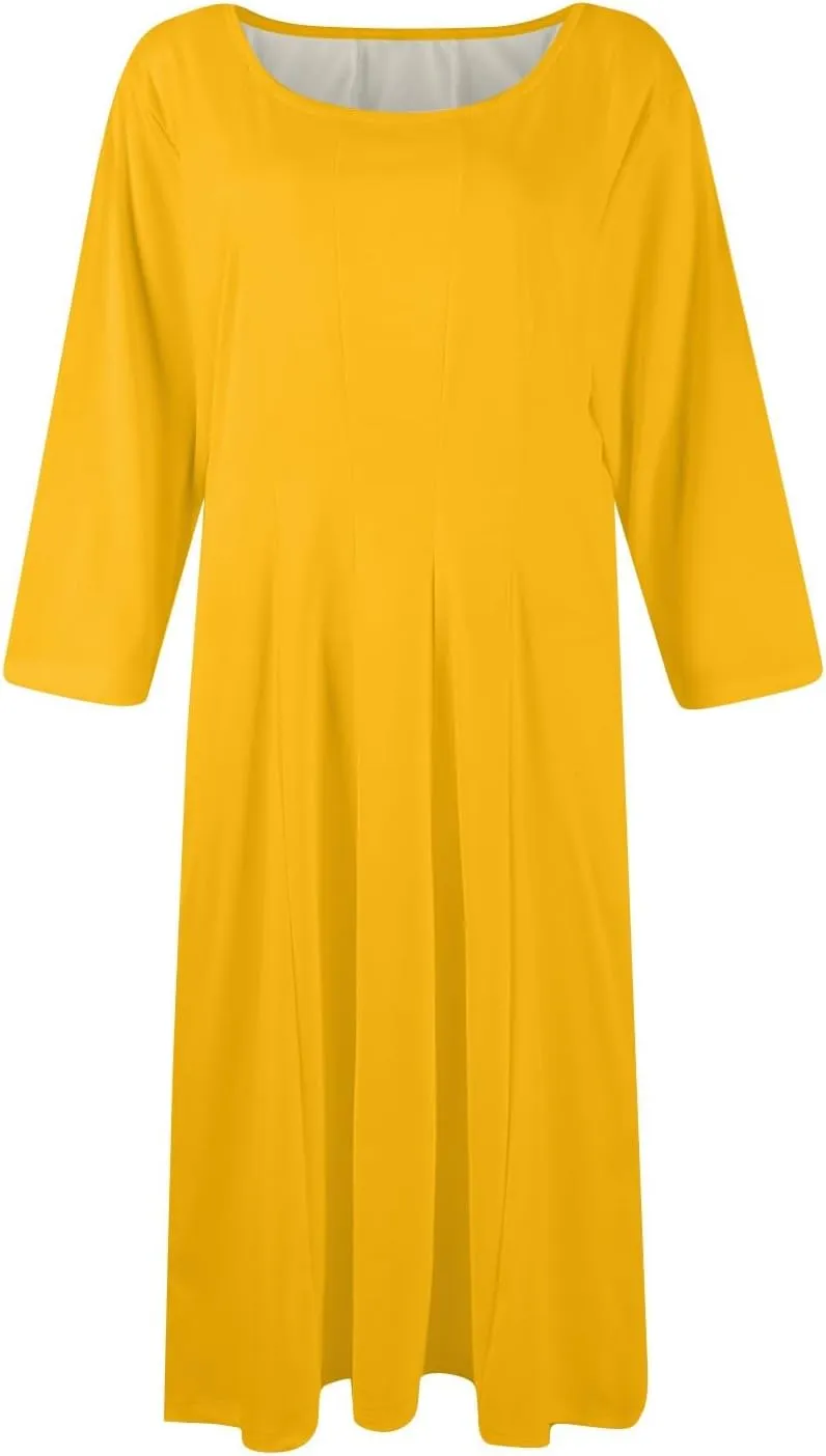 Womens Dress 3/4 Sleeve Summer Wrap Dress Plus Size Solid Plain Pleated Midi Dresses Spring Crewneck Dresses with Pocket