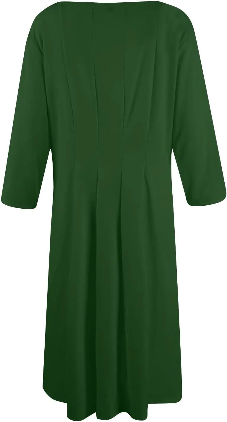 Womens Dress 3/4 Sleeve Summer Wrap Dress Plus Size Solid Plain Pleated Midi Dresses Spring Crewneck Dresses with Pocket