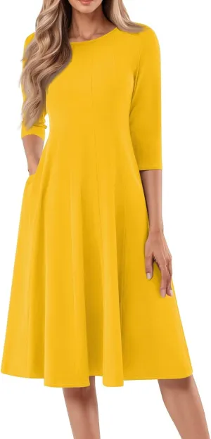 Womens Dress 3/4 Sleeve Summer Wrap Dress Plus Size Solid Plain Pleated Midi Dresses Spring Crewneck Dresses with Pocket
